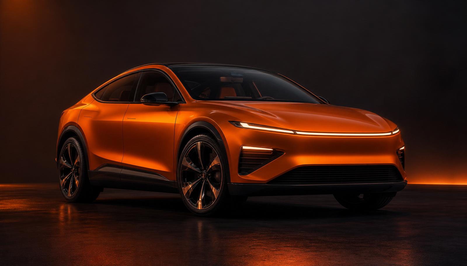 Prémiový koncept crossoveru — tmavá metalická karoserie s oranžovým světelným detailem